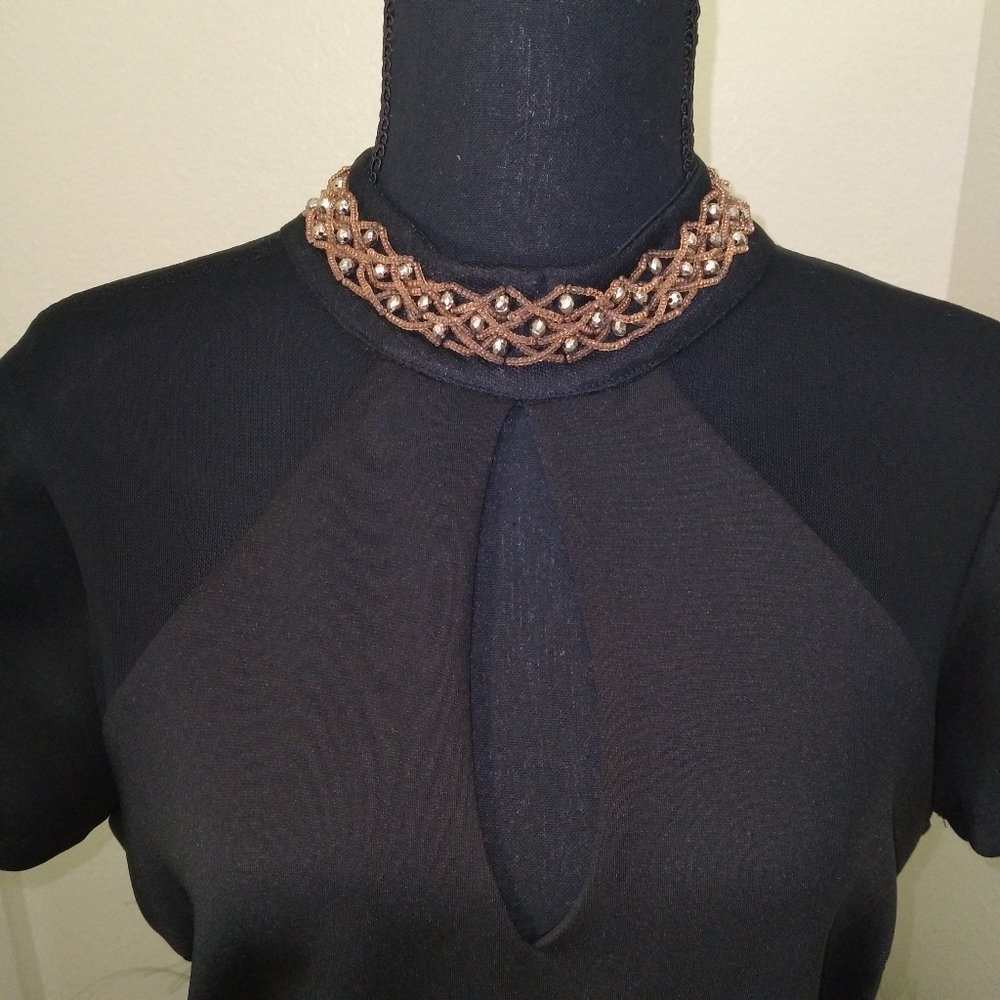 Enfocus Studio Black Midi Short Sleeve Dress with Embellished Neckline- Size 8 - Picture 3 of 12